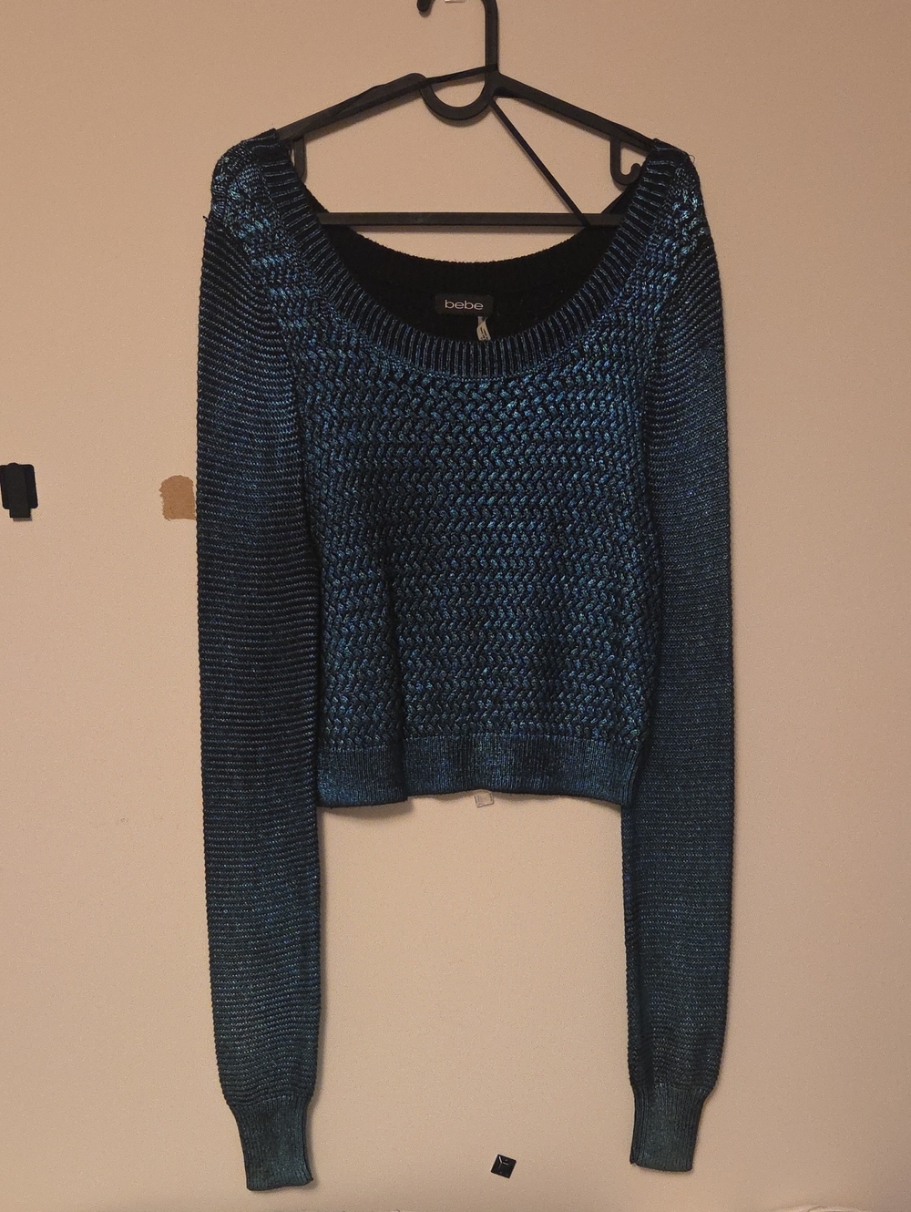 bebe Metallic Blue Scoop Neck Knit Sweater
